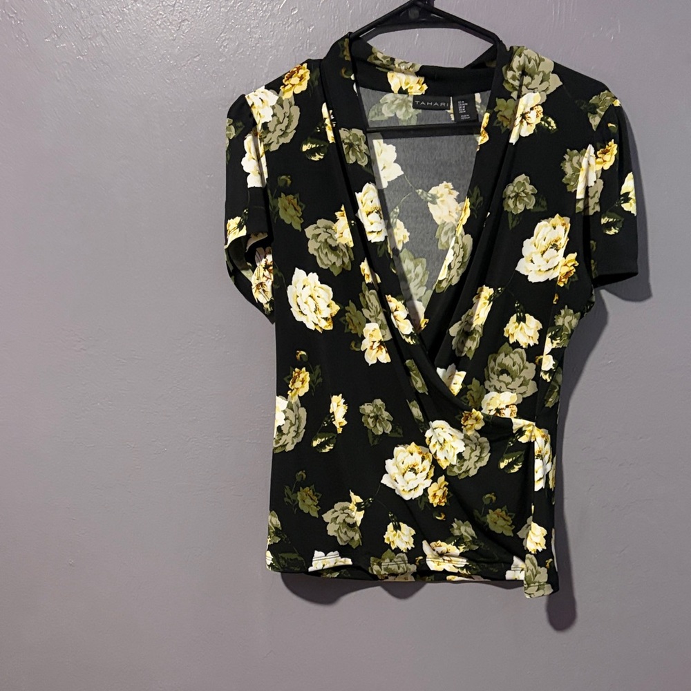 Tahari Black and Yellow Floral Wrap Blouse size medium
